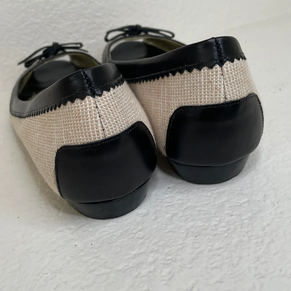 Talbots two-tone, peep-toe flats beige woven-texture body black leather size 9.5 - Picture 4 of 9